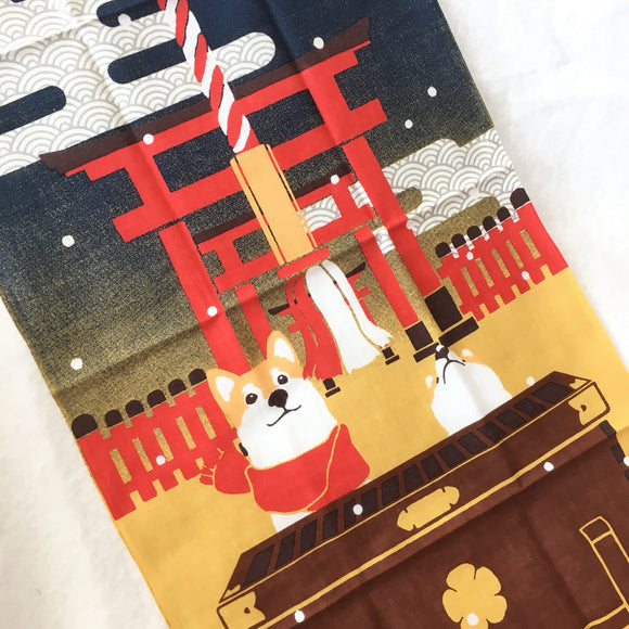 Tenugui, dog worship at a shrine, fabric, wrapping cloth, Japanese fabric, cotton fabric,  tapestry, kawaii shiba inu,
