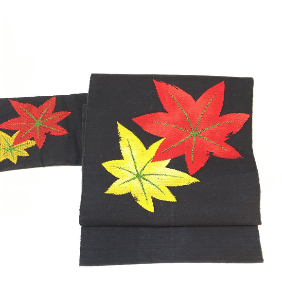 Vintage Obi, Japanese Kimono belt, Japanese sbelt, black obi,  colorful obi, nagoya obi, red leaves
