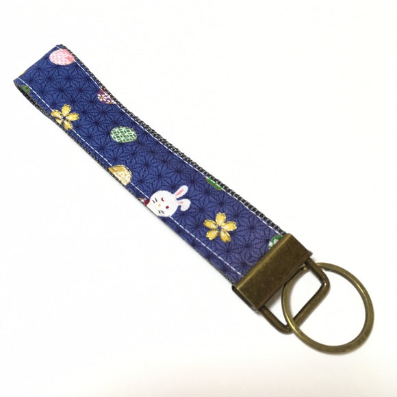 Wristlet Key Fob, Japanese key fob, blue Japanese rabbit Fabric Key Chain, Japanese pattern Fabric key fob,