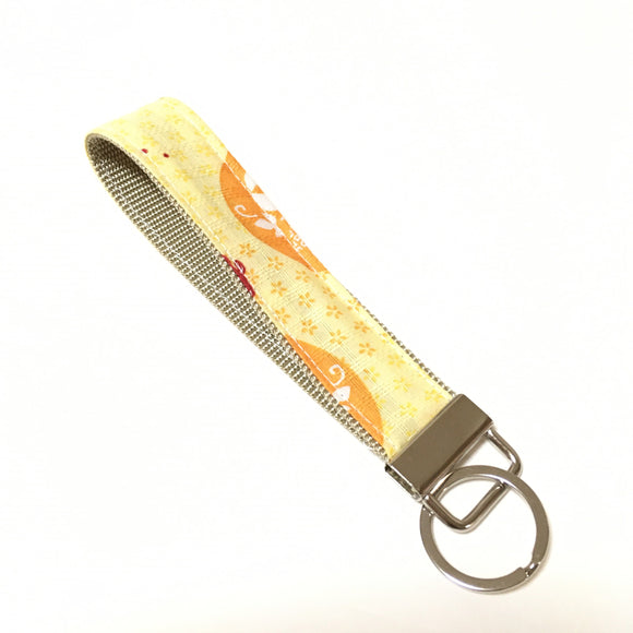 Yellow Key Fob wristlet, Japanese key fob, goldfish pattern Fabric Key Chain, Japanese kimono pattern Fabric key fob